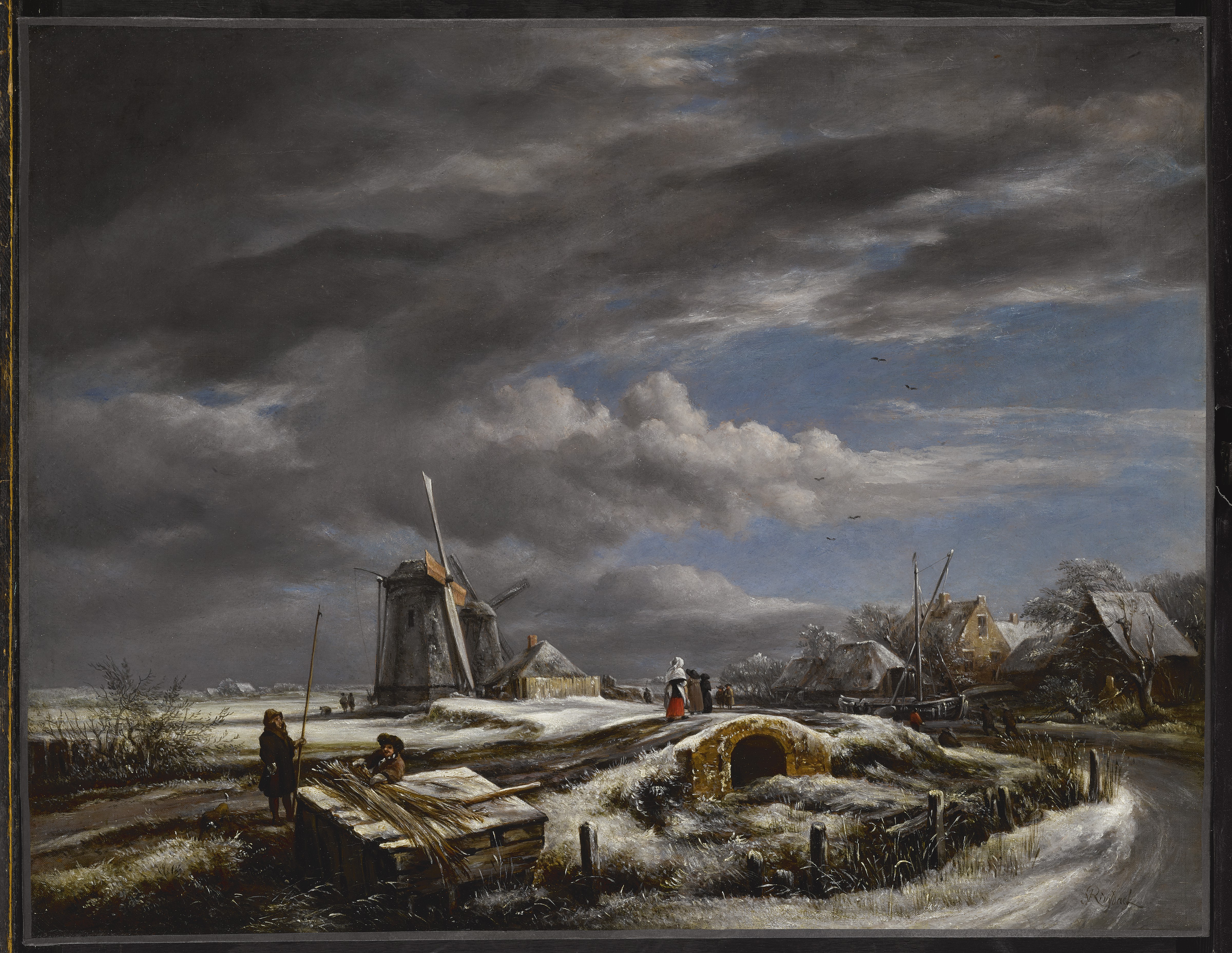 A Winter Landscape With Figures on a Path, a Footbridge and Windmills Beyond