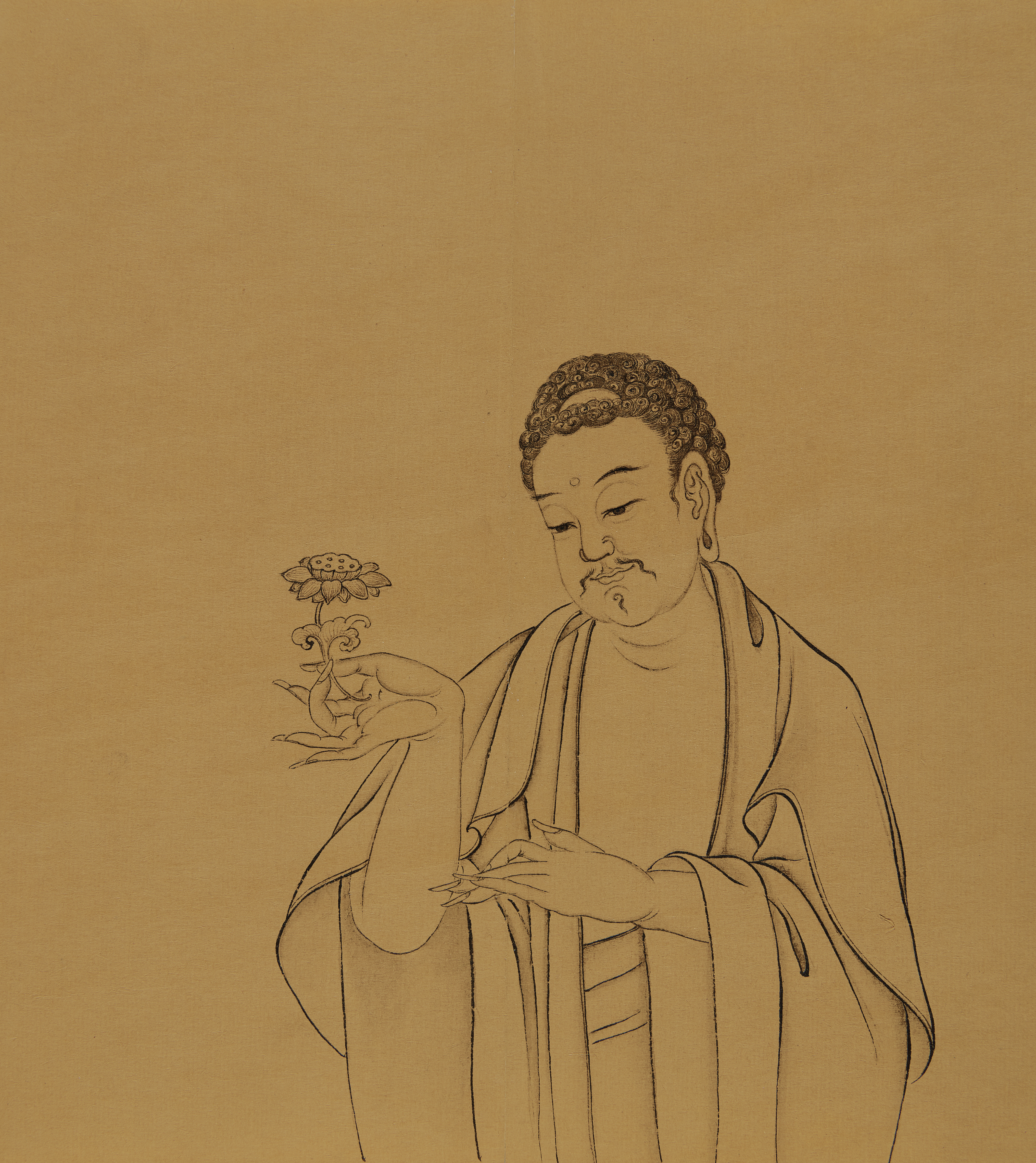 Drawing of a Buddha holding a lotus flower. 