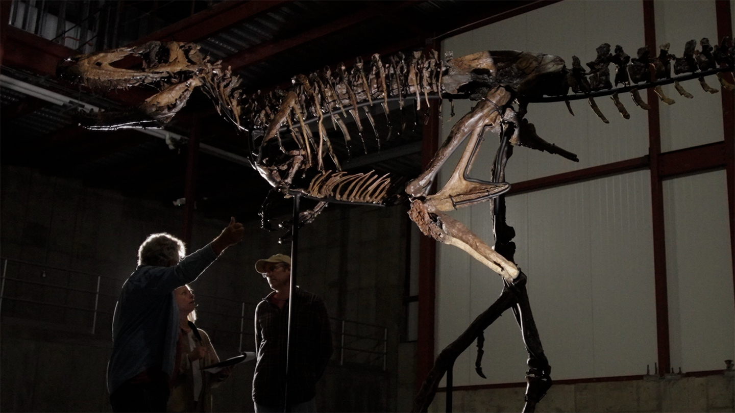 Three people stand beneath the mounted Nanotyrannus skeleton 'Jodi' in a dimly lit hall.