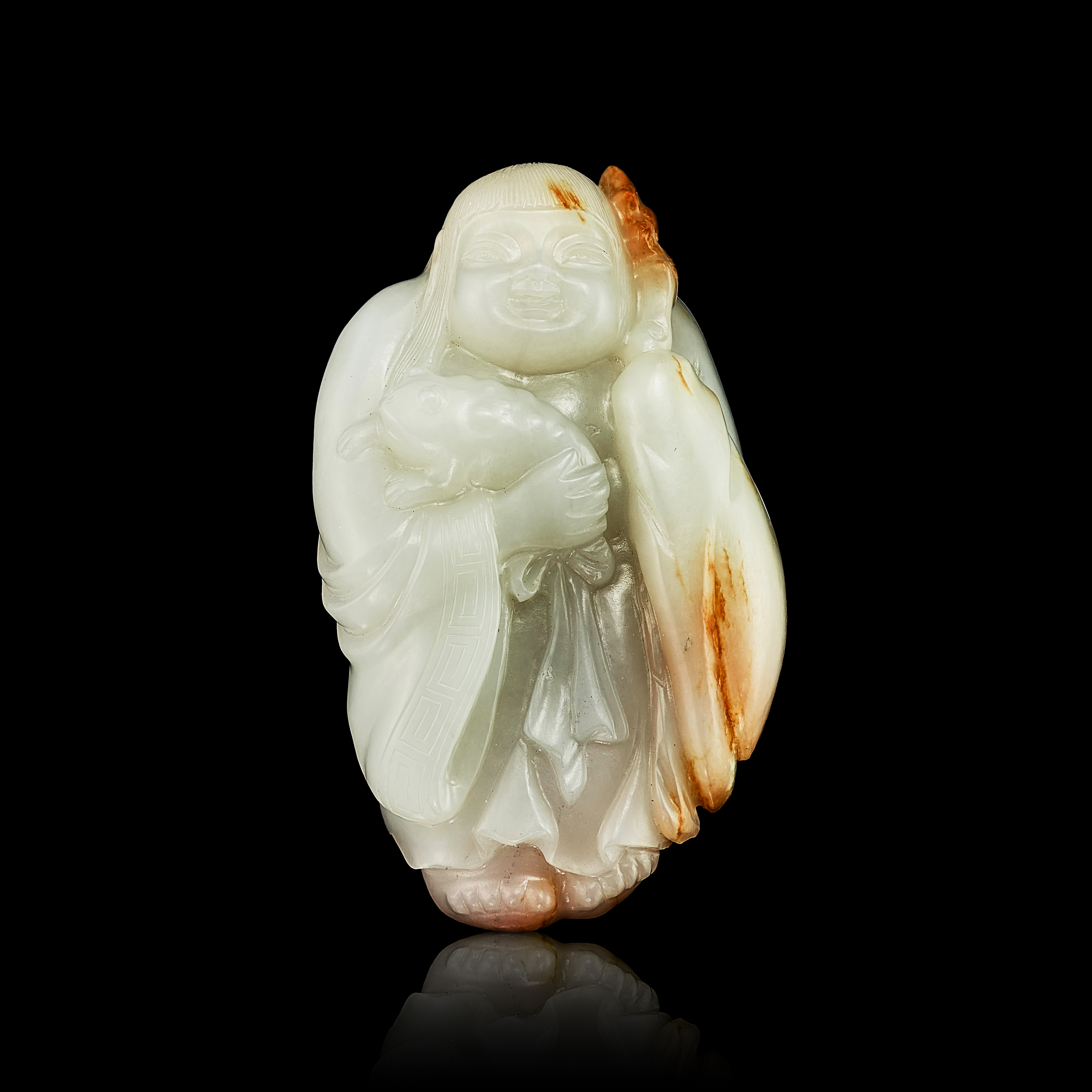 陶器の中国人物像　桃・貨幣 Beautiful Natural Dark Green HeTian Jade Carved Chinese Coin