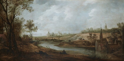 Catalog image of frans de momper | wide river landscape with a church, a windmill and a monaster…