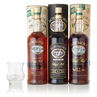 View 1 of Lot 6100: Bowmore 12 Year Old and Enigma Mixed Lot 43.0 abv NV (3 LITR)