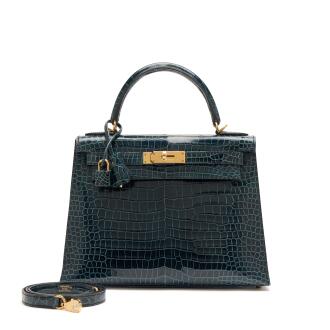 View 1 of Lot 29: Vert Rousseau Shiny Porosus Crocodile Kelly 28 Sellier Gold Hardware, 2019