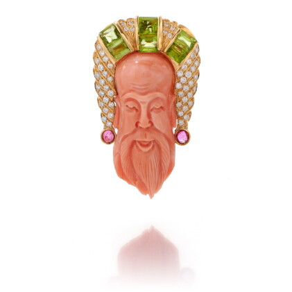 Catalog image of boucheron | coral, peridot, ruby and diamond brooch (spilla in corallo, peridot…
