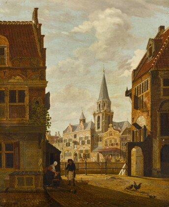 Catalog image of A view of a Dutch town, with a man selling fruit to a maid, a church beside a c…