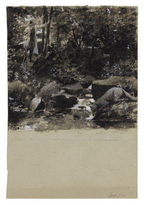 Catalog image of A) Ursus and Homo in a woodland clearing B) Figure on a cliff