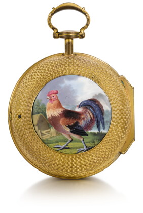 Catalog image of a rare, impressive and large gilt-metal pair cased coach watch with polychrome …