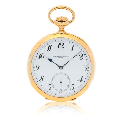 Catalog image of yellow gold open-faced watch with white enamel dial made in 1912