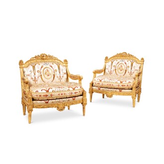 View 1 of Lot 53: A pair of royal Louis XVI giltwood marquises, by Jean-Baptiste II Tilliard, circa 1784