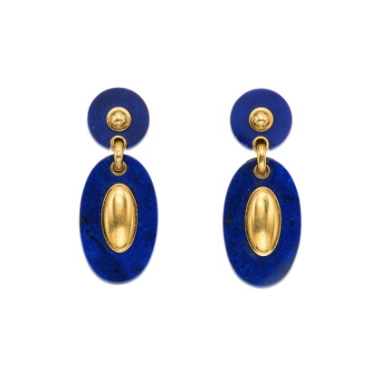 Catalog image of Pair of Gold and Lapis Lazuli Pendant-Earclips, France