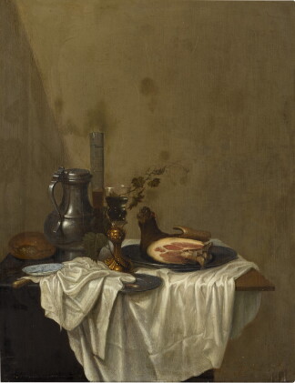 Catalog image of Still life with a pewter jug, roemers and a leg of ham, together on a table dra…