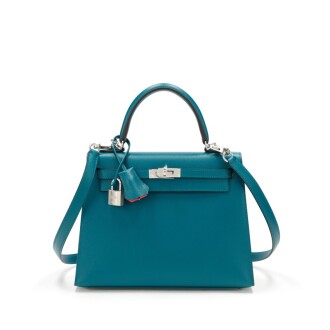View 1 of Lot 22: Vert Bosphore and Rose Lipstick Madame Verso Sellier Kelly 25 Palladium Hardware, 2022