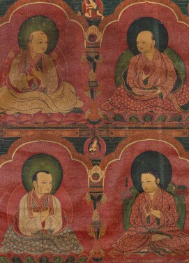 View 1 of Lot 106: An exceptional thangka depicting four Sakya lamas Tibet, 16th century | 西藏 十六世紀 四薩迦派喇嘛唐卡 設色布本