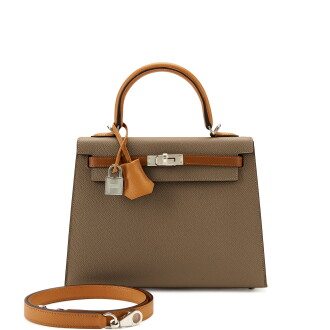 View 1 of Lot 7789: Limited Edition Etoupe, Alezan and Biscuit Epsom Tri-color Kelly 25 Sellier Palladium Hardware, 2022