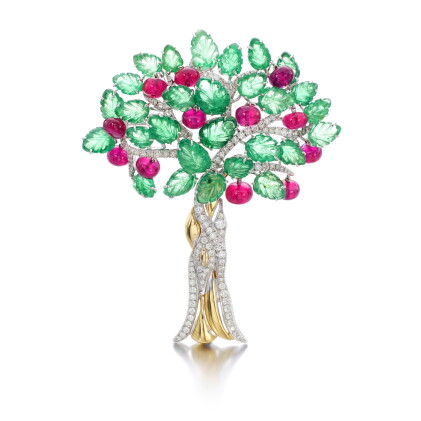Catalog image of michele della valle | tsavorite garnet, ruby and diamond brooch