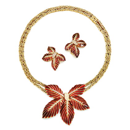 Catalog image of M. Gérard | Enamel and Diamond Demi Parure | M. Gérard | 琺琅彩 配 鑽石 項鏈及耳夾套装