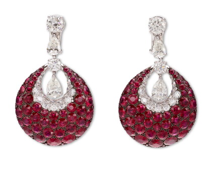 Catalog image of graff | 'bombé classic' pair of diamond and ruby pendent earrings | 格拉夫 | 'bomb…