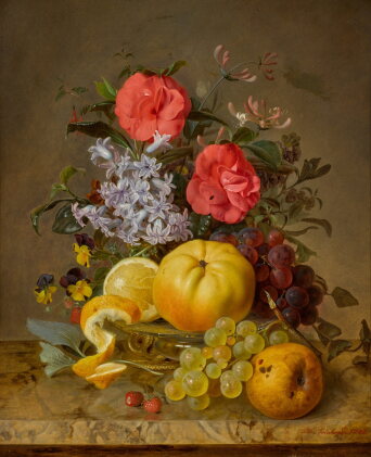 Catalog image of Still life with fruit and flowers on a marble ledge