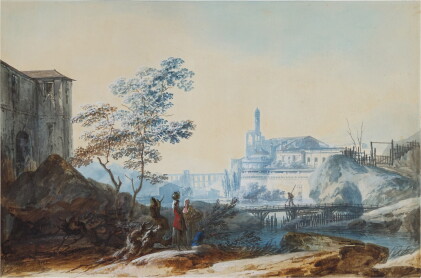 Catalog image of Peasants by a river, a church and other buildings in the background