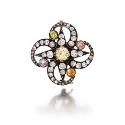 Catalog image of colored diamond and diamond brooch (spilla con diamanti colorati e diamanti)