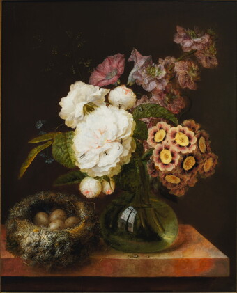 Catalog image of georges frédéric ziesel | bouquet of flowers in a vase and a bird’s nest on a m…