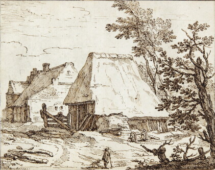 Catalog image of View of Thatched Farm Buildings, with a Farmer and his Dog in the Foreground