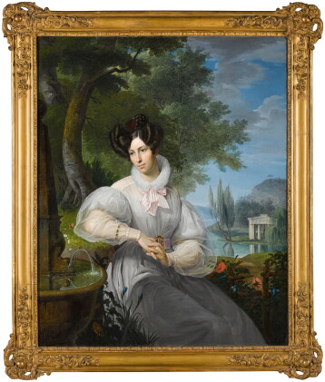 Catalog image of Portrait of Camilla Lomellini Tabarca (1797–1850), seated by a fountain in a ga…