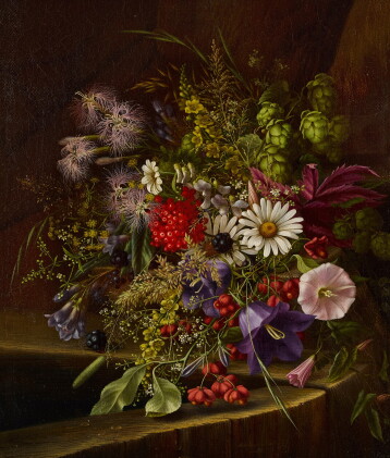 Catalog image of Morning Glory, Daisies, Red Currants and other Fruits and Flowers on a Ledge