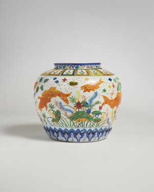 View 1 of Lot 168: An exceptionally rare wucai 'fish' jar, Mark and period of Jiajing 