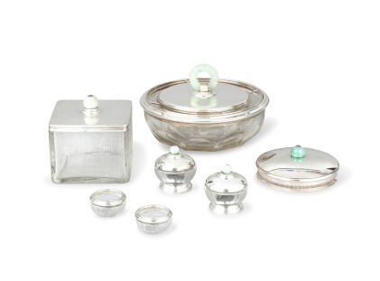 Catalog image of A set including a plate, a bowl, four boxes and two cups, circa 1930