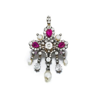 View 1 of Lot 1065: A ruby, natural pearl and diamond brooch-pendant, late 19th century