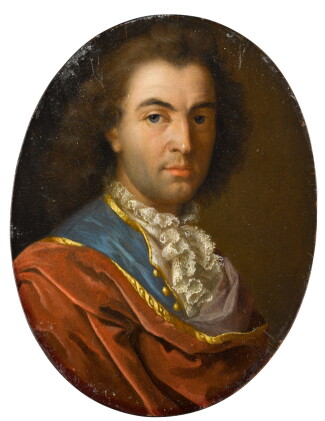 Catalog image of Portrait of a gentleman, half-length, wearing a gold-trimmed blue coat and red cloak