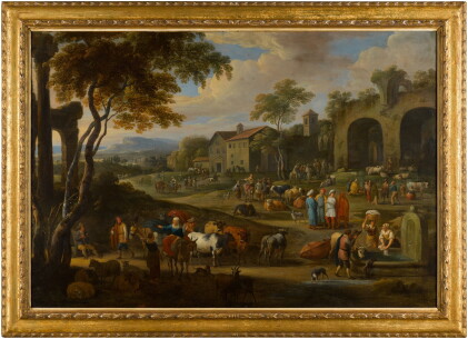 Catalog image of An extensive Italianate landscape with a cattle market by ruins
