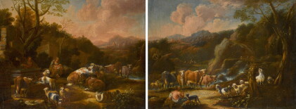Catalog image of attributed to johann heinrich roos | a mother and child with horses, cattle and…