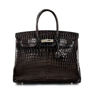 View 1 of Lot 8344: Noir Matte Porosus Crocodile Birkin 35 Palladium Hardware, 2003 