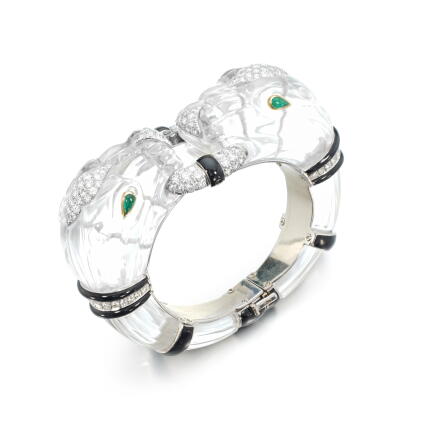Catalog image of Rock crystal, emerald, enamel and diamond bangle, 'Chimera'