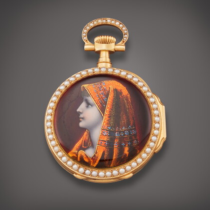 Catalog image of Retailed by Shreve, Crump & Low Co.: A lady’s pink gold, enamel, and pearl pend…