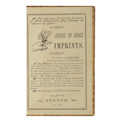  Leaves of Grass Imprints. Boston: Thayer and Eldridge, 1860