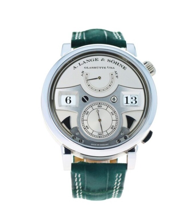 A. Lange & Söhne Zeitwerk Striking Time 'Acoustique' wristwatch in platinum with jumping numeral display, visible chiming mechanism, and green leather strap