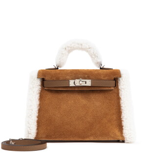 View 1 of Lot 11: Limited Edition Alezan Swift, Chamois Grizzly and Ecru Shearling Teddy Plush Mini Kelly II 20 Palladium Hardware, 2024