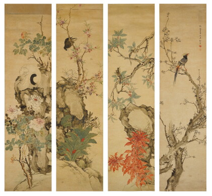 Catalog image of Song Nian, Flowers, Birds and Cat on a Rock | 松年 花鳥四屏
