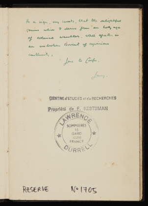 Catalog image of durrell, transition: poems, 1934, inscribed by the author to george wilkinson
