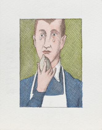 Catalog image of un cuisinier pleurant et tenant un citron de la main droite
