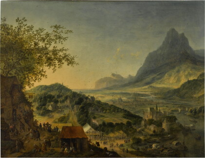 Catalog image of A mountainous river landscape with an inn on the outskirts of a town in the for…