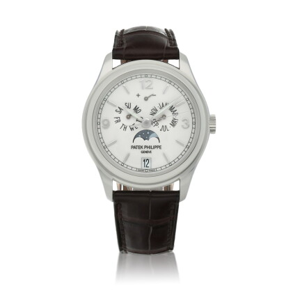 Catalog image of Ref. 5146G-001 White gold annual calendar wristwatch with moon phases and power…
