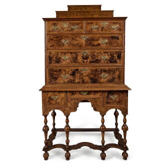 View 1 of Lot 64: A Fine William and Mary Burl Walnut and Maple High Chest of Drawers, Boston, Massachusetts, Circa 1725