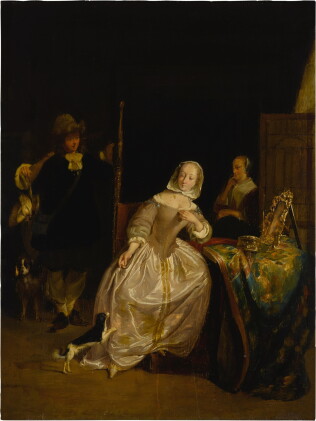 Catalog image of A man returning from a hunt, greeted by a lady in an interior