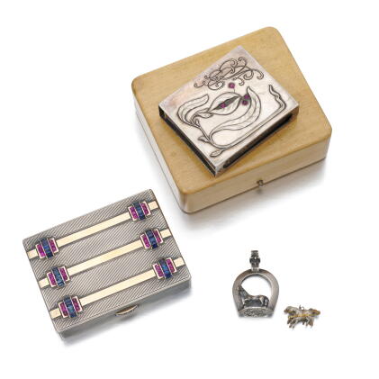 Catalog image of Cigarette case, matchbox holder and two pendants | Porta sigarette, porta fiamm…