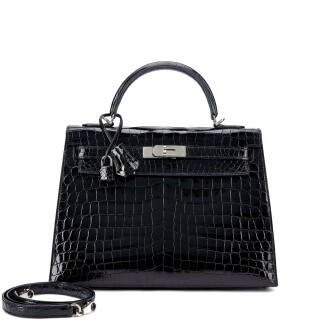 View 1 of Lot 6015: Black Shiny Niloticus Crocodile Kelly 32 Sellier Palladium Hardware, 2015