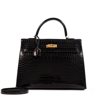 View 1 of Lot 373: Black Shiny Porosus Crocodile Kelly 35 Sellier Gold Hardware, 2015